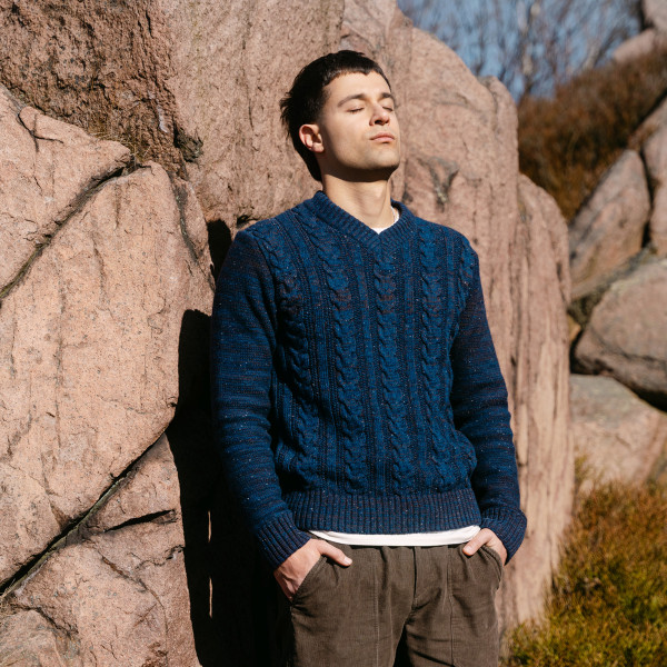 Herren Strick-Pullover mit Zopfmuster V-Ausschnitt Strickpullover GOTS Wolle/Baumwolle Bio